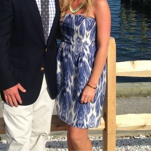 Blue & White Ikat JCrew Silk Strapless Dress